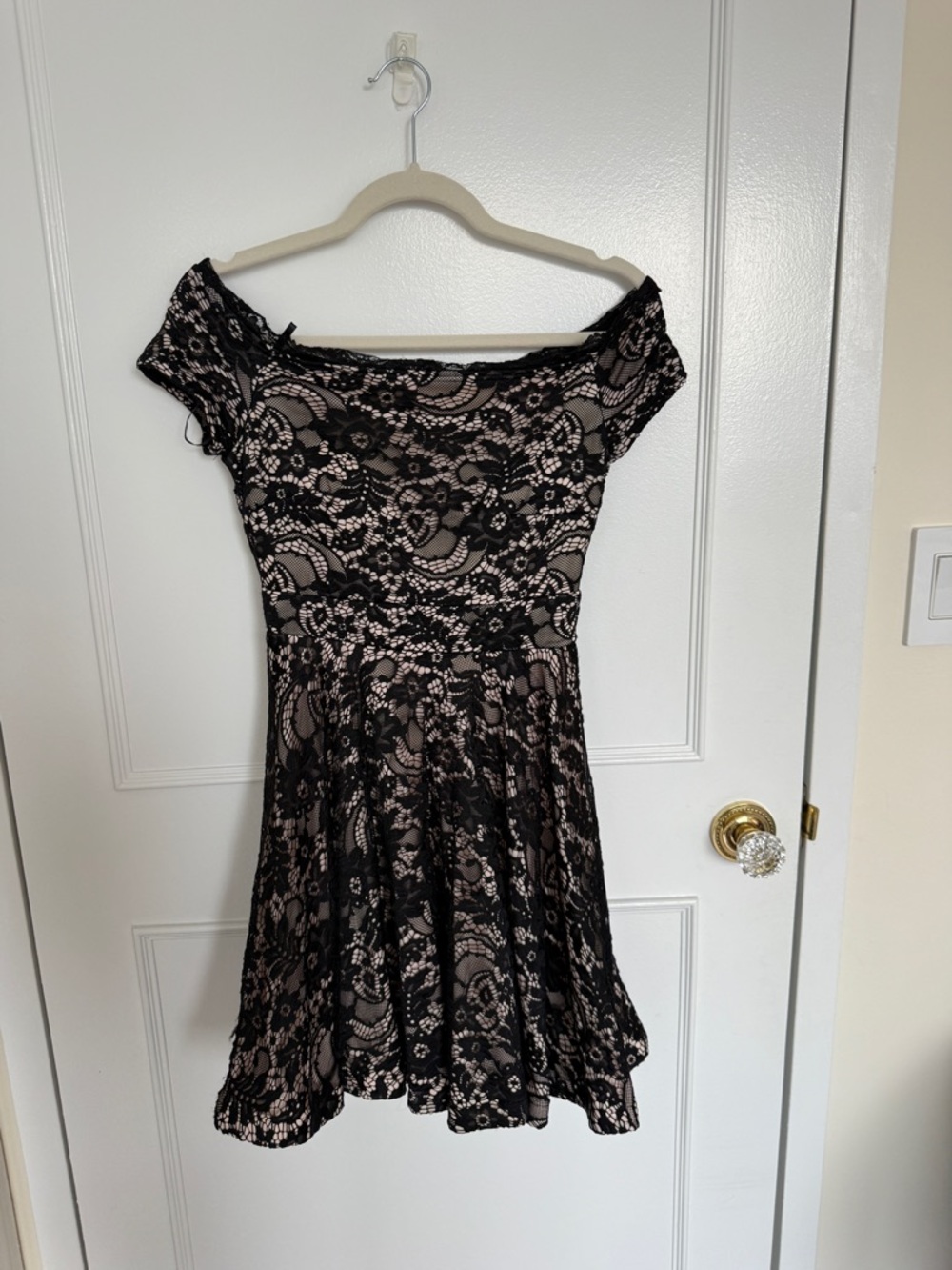 Off-Shoulder Black Lace Overlay Dress in Nude